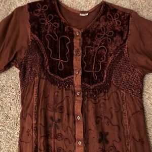 Brown Button Dress Embroidered